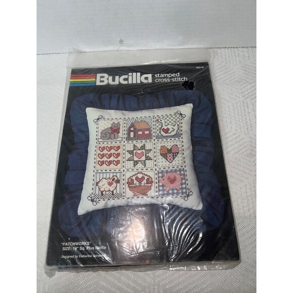 Bucilla Stamped Cross Stitch Kit "patchworks" 40018 size 14sq plus ruffle comple - Picture 1 of 5